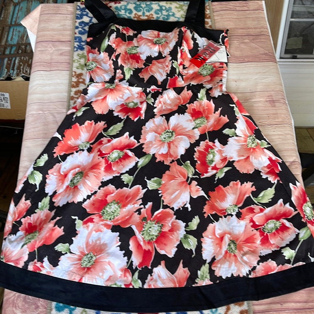 R&K Black Midi Dress with Coral Pink Floral Print